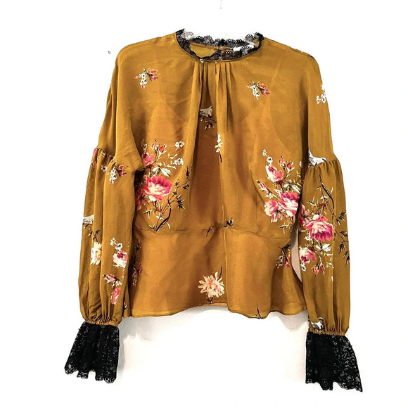 Joie Women's Silk Floral Gold Long Sleeve Peplum Blouse W/ Camisole Sz Small - Picture 9 of 11